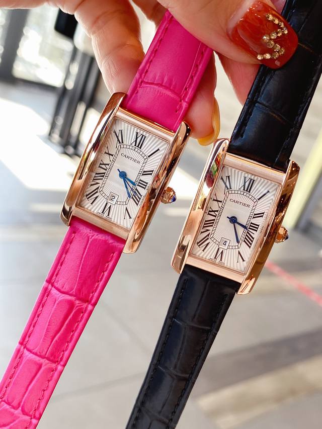 白壳 玫瑰金 钻+50 卡地亚-Cartier Tank Am Ricaine腕表中号表款卡家经典之作 采用精钢表壳 进口石英机芯 顶级高密度矿物质镜面 剑形蓝